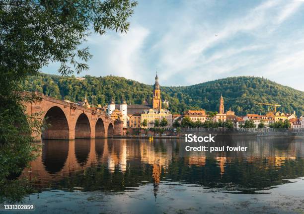 Heidelberg Altstadt Reflected In The Neckar River Stock Photo - Download Image Now - Heidelberg - Germany, Germany, Springtime
