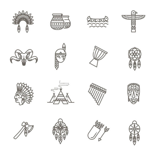 Wild west american indian designed element traditional art concept. American indian. Tribal outline icon set. Vector wildlife conservation stock illustrations
