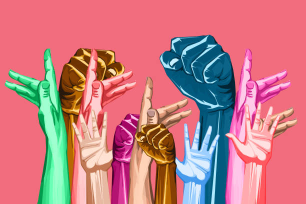 Together for human rights Raise your hands high if you are fighting for equality and human rights justice concept illustrations stock illustrations