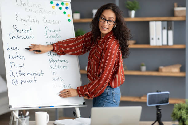 istock English teacher pointing on board, giving virtual lesson to students 1331304471