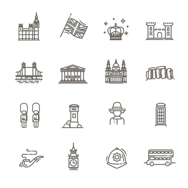 ロンドンのテーマアイコン、線形シンボルコレクション。イングランドのショープレイス、孤立したベクトルイラスト - interface icons british flag uk england点のイラスト素材／クリップアート素材／マンガ素材／アイコン素材