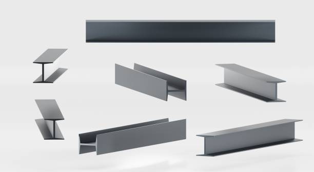 Metal construction i-beams, universal column or iron structural profile. Realistic set of steel structure girder, strong stainless joist for building work isolated on white background, 3d illustration