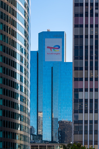 Paris-La Défense, France, November 12, 2020: Exterior view of the tower housing the headquarters of the oil company TotalEnergies, formerly known as Total