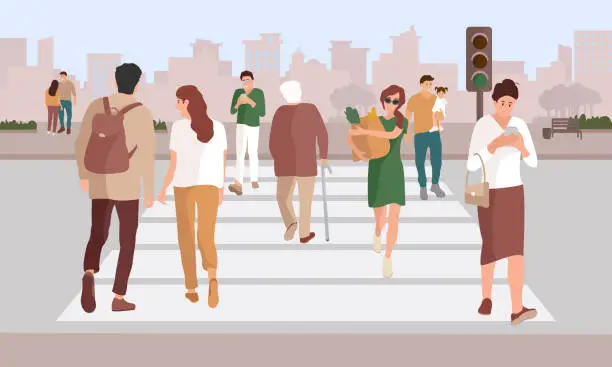 Vector illustration of People cross the road on a pedestrian crossing: men, women, old people, workers, students. A crowd of people at the crosswalk. Flat vector illustration.