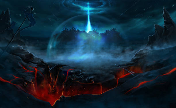 istock Game background. Portal on the island at night. Digital graphics. 1331318387