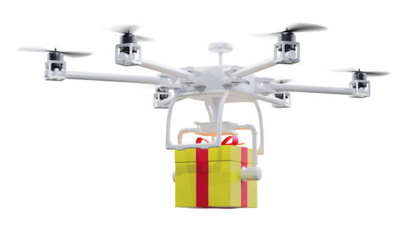istock UAV drone delivery services with yellow gift box isolated on white background. clipping part. 3d render. 1331319989