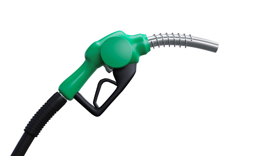 Nozzle gasoline pump fuel station isolated on white background. Green energy. 3d render.