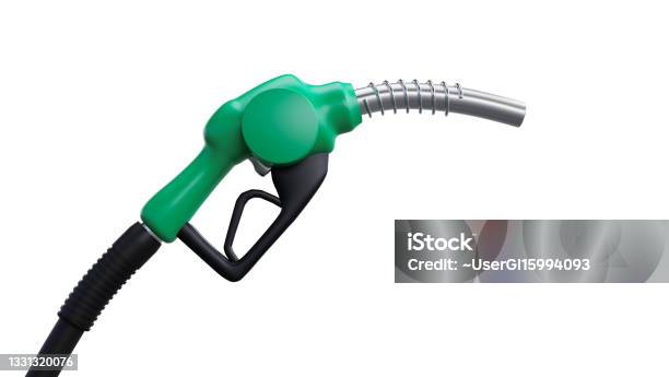 Nozzle Gasoline Pump Fuel Station Isolated On White Background Green Energy 3d Render Stock Photo - Download Image Now