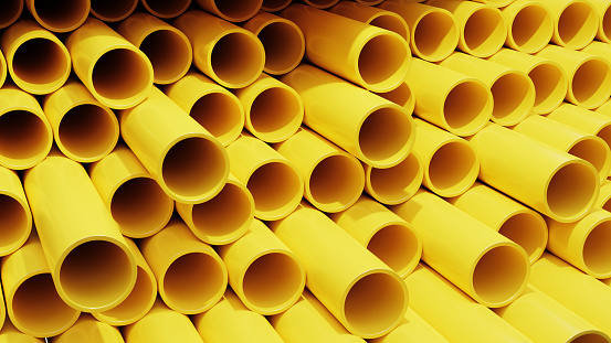Yellow plastic pipes background. pvc pipe sewer group background. 3d render.