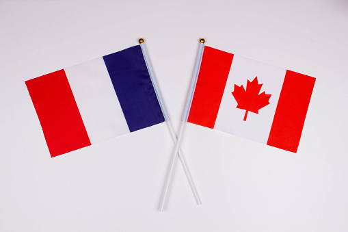 Flag of France and flag of * crossed with each other on a white background. Isolated. The image illustrates the relationship between countries. Photo for news and articles on the media