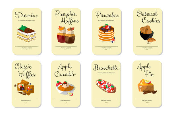 Desserts set. Bakery products cards. baking shop. Labels tiramisu, pancake, muffin, apple pie, oatmeal cookies, waffles, sweet bruschetta Desserts set. Bakery products cards. baking shop. Labels tiramisu, pancake, muffin, apple pie, oatmeal cookies, waffles, sweet bruschetta, crumble apple pie cheese stock illustrations