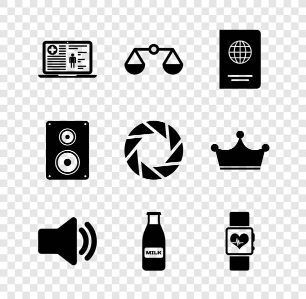 Set Medical clinical record, Scales of justice, Passport, Speaker volume, Glass bottle milk and cap and Smart watch heart beat rate icon. Vector Set Medical clinical record Scales of justice Passport Speaker volume Glass bottle milk and cap and Smart watch heart beat rate icon. Vector. King Size stock illustrations