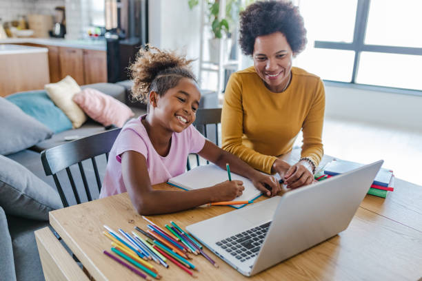istock Mother helps her daughter to study online at home 1331326607