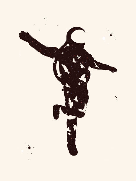 Flying astronaut Cosmonaut isolated silhouette. Night starry sky astronaut silhouettes stock illustrations