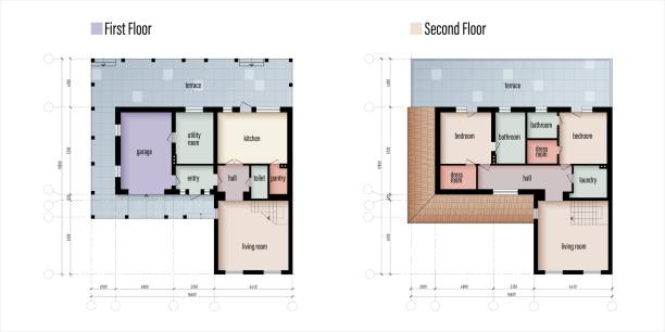 architektonische technische farbpläne. bunte grundrisse eines hauses. individuelles ferienhaus, wohnung architektur cad-zeichnung. cottage-projekt. vektor-illustration - domestic room wall steps staircase stock-grafiken, -clipart, -cartoons und -symbole