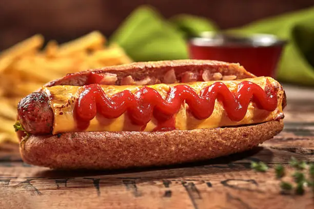 Photo of Hot dog in whole grain hoagie roll with sausage, cheese, tomato sauce