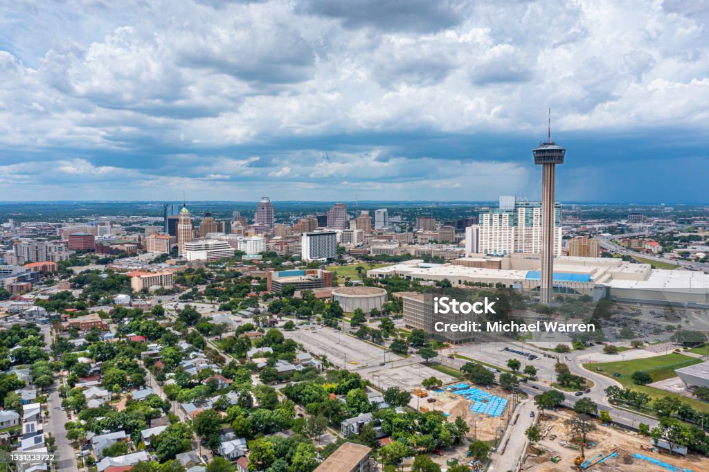 Drone View of San Antonio Texas Drone angle view of San Antonio with afternoon thunderstorm. San Antonio - Texas Stock Photo