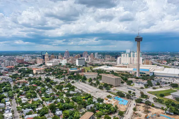 Drone angle view of San Antonio with afternoon thunderstorm.