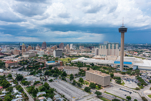 Aerial drone view above The Capital city of Texas over Austin Texas with Skyline background with futuristic buildings