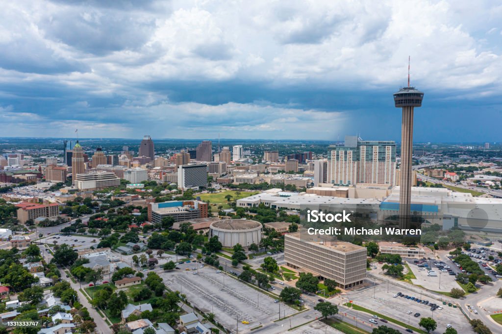 San Antonio, Texas Skyline Aerial Drone angle view of San Antonio with afternoon thunderstorm. San Antonio - Texas Stock Photo