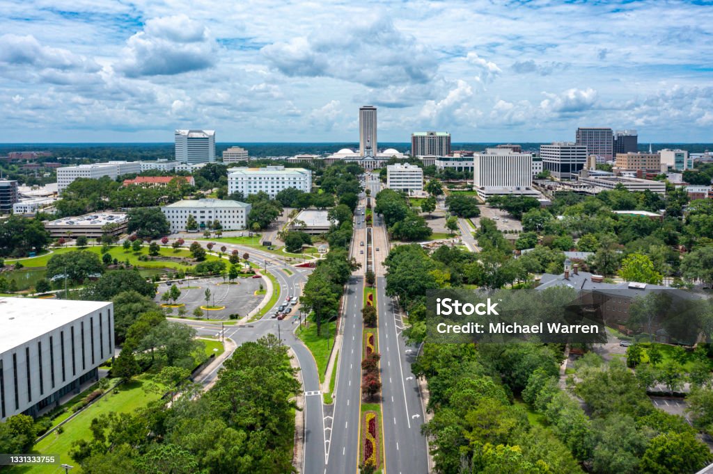Drone Angle View of Tallahassee, Florida Drone angle view of Florida State Capitol with the city skyline. Tallahassee Stock Photo