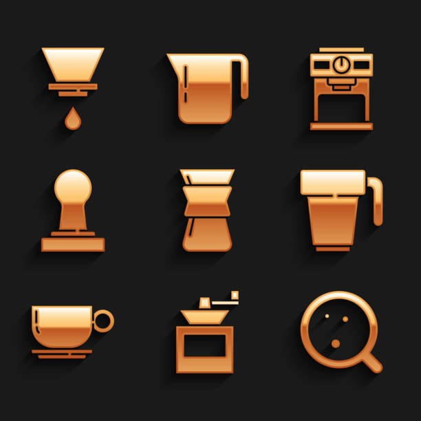ilustrações de stock, clip art, desenhos animados e ícones de set pour over coffee maker, manual grinder, coffee cup, tamper, machine and v60 icon. vector - tamper