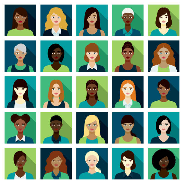 Women Avatars Icon Set A set of female avatars. File is built in the CMYK color space for optimal printing, and can easily be converted to RGB without any color shifts. Color swatches are global so it’s easy to edit and change the colors. woman portrait short hair stock illustrations