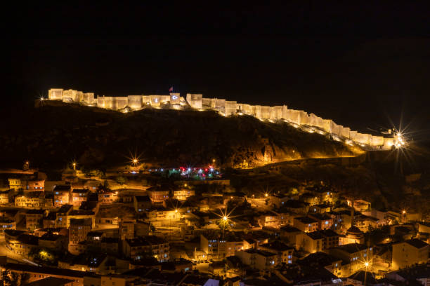 Illuminated historical Bayburt castle in night view Illuminated historical Bayburt castle in night view bayburt stock pictures, royalty-free photos & images