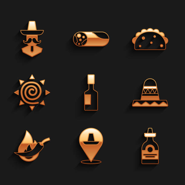 istock Set Tabasco sauce, Mexican sombrero, Tequila bottle, Hot chili pepper pod, Sun, Taco with tortilla and man icon. Vector 1331336495
