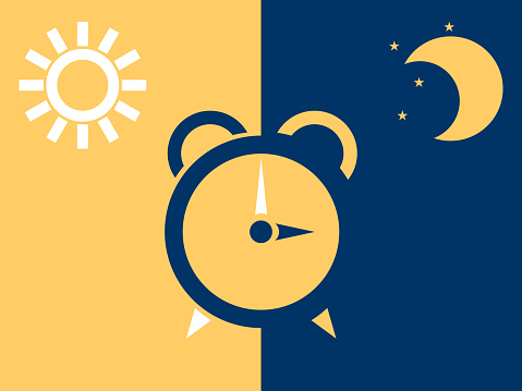 Simple conceptual vector illustration of an alarm clock - Day and night change.