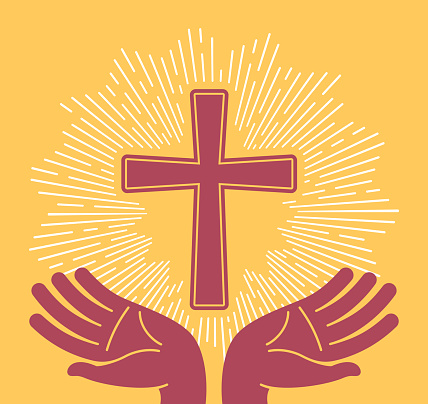 Hands praying to Christian Cross religion symbol design.