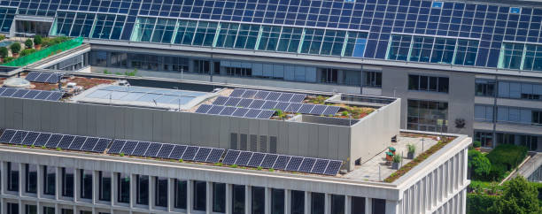 View from above on roofs with Solar panels.
