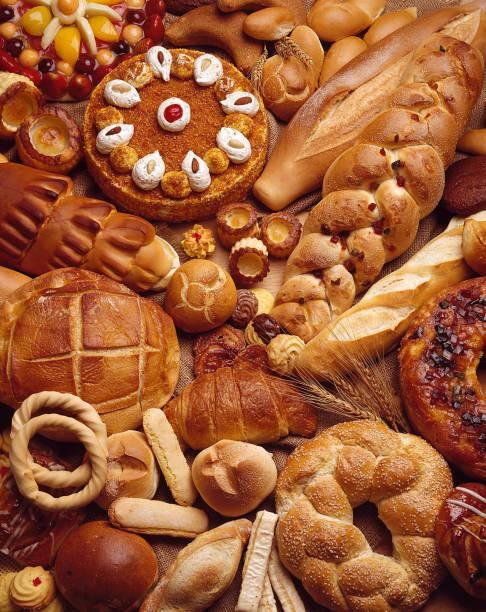 Variation of breads and sweets pastries.