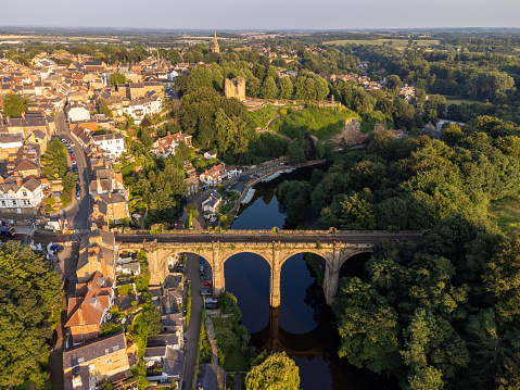 Aerial view of the market town off Knaresborough in North Yorkshire, England with the historical railway viaduct and taken with a class 0 drone