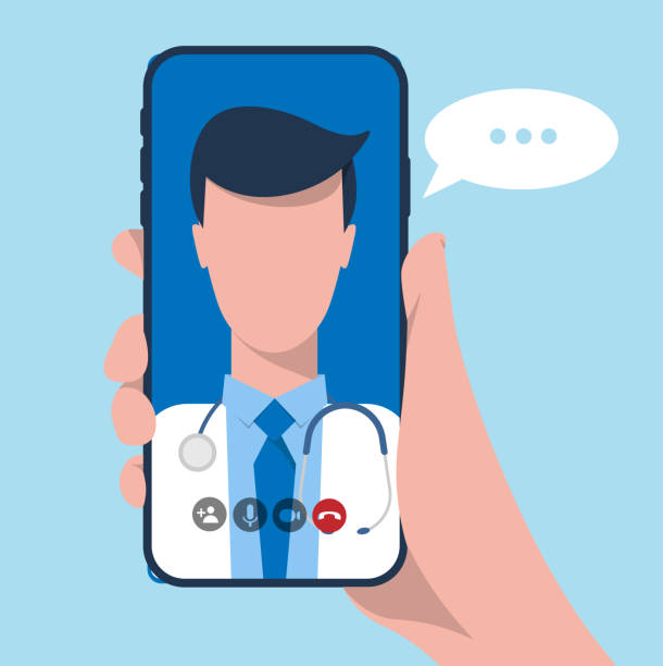 vector of a hand holding a phone. doctor in a video call tele health concept. vector art illustration
