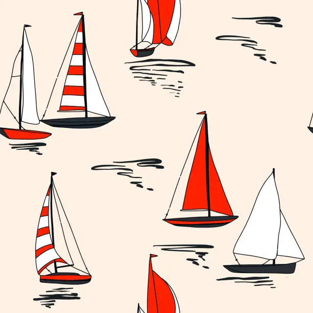 Vector illustration of Yacht in the sea seamless pattern design red pastel beige summer print, marine trip , voyage travel