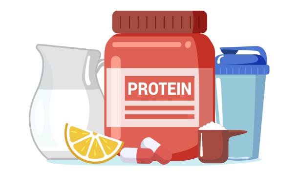 ilustraciones, imágenes clip art, dibujos animados e iconos de stock de proteína de suero caseína bcaa creatina nutrición deportiva aceite comestible aislado sobre fondo blanco proteínas para ilustración de vectores deportivos industria del culturismo suplementos de vitaminas deportivas para fitness - strawberry vitamin pill food and drink image