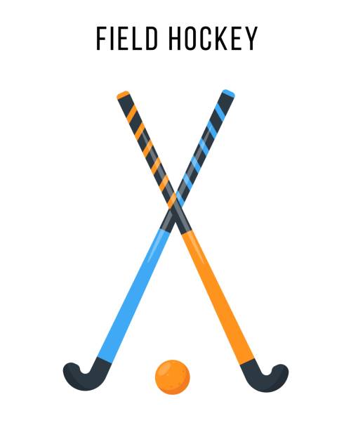 illustrazioni stock, clip art, cartoni animati e icone di tendenza di attrezzatura da hockey su prato. palla sportiva e due bastoncini - hockey su prato