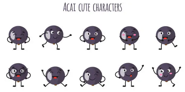 Vector illustration of Acai fruit cute funny cheerful characters with different poses and emotions.