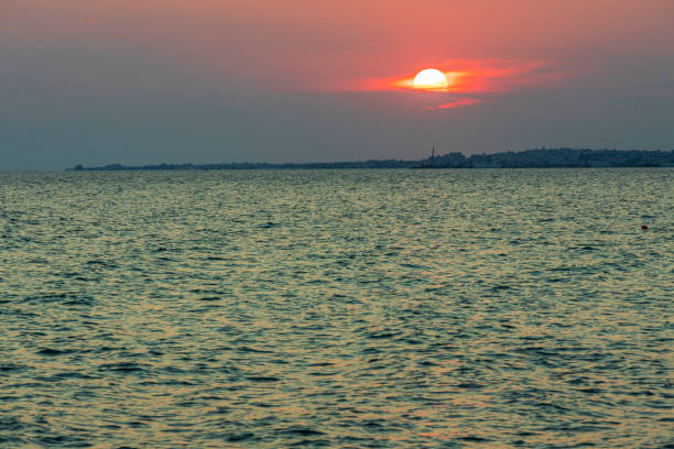 Gorgeous view of sea surface on sunset. Greece.