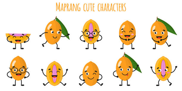 ilustraciones, imágenes clip art, dibujos animados e iconos de stock de maprang fruta lindo personajes alegres divertidos con diferentes poses y emociones. - marian