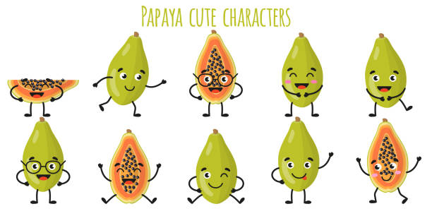 Papaya Fruit Cute Funny Cheerful Characters With Different Poses And  Emotions Stock Illustration - Download Image Now - iStock