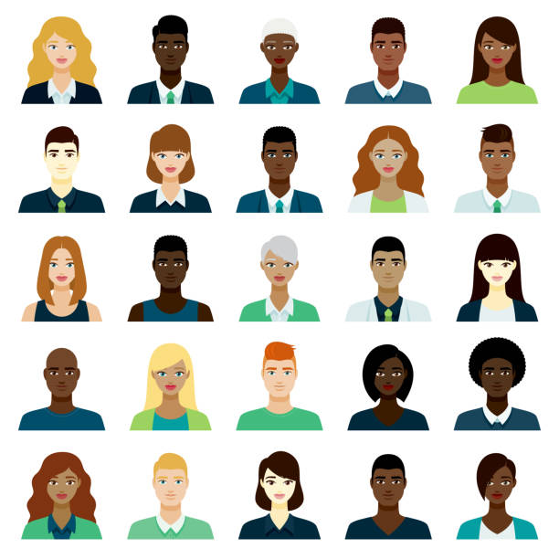 Men and Women Avatars Icon Set A set of male avatars. File is built in the CMYK color space for optimal printing, and can easily be converted to RGB without any color shifts. Color swatches are global so it’s easy to edit and change the colors. woman portrait short hair stock illustrations