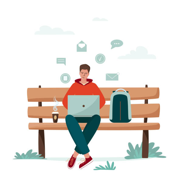 Young man are working on a bench in a city park. Young man are working on a bench in a city park. Freelancer with laptop and coffee. Urban city street style, online education or remote working concept. digital nomad stock illustrations