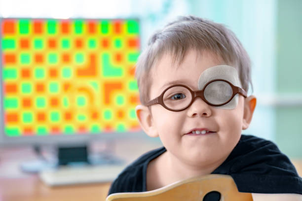istock A little boy wearing glasses and an eye patch (plaster, occluder) 1331359288