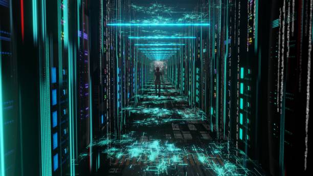 istock woman Moving Through Data Center with Server Racks LED Lights 1331364405