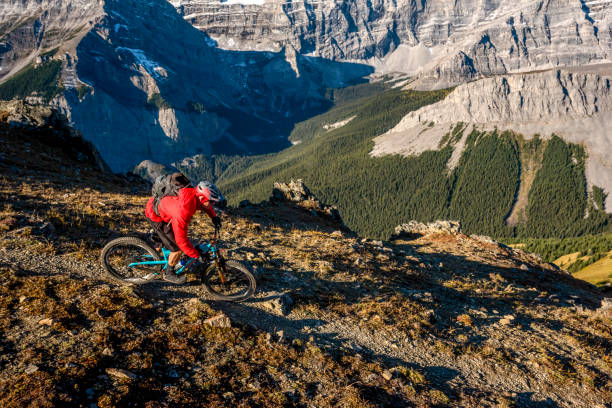 istock Mountain biker follows trail down mountain ridge 1331365297
