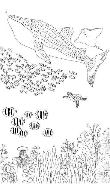 Vector illustration of Fish swimming with whale sharks
