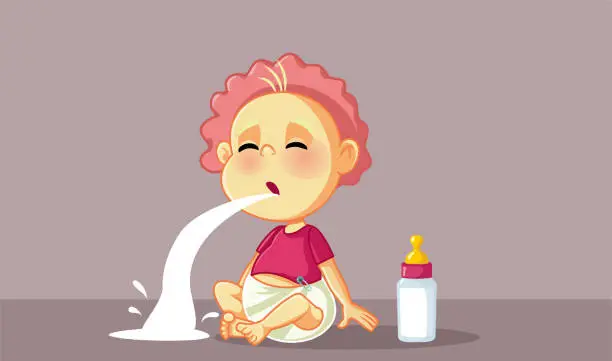 Vector illustration of Cute Baby Regurgitating After Eating Milk Vector Illustration