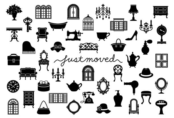 house moving greeting card with antique interior. Just Moved. house moving greeting card. Set of antique interior illustrations. stairwell chandelier stock illustrations
